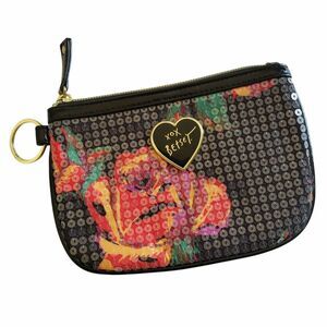 BETSEY JOHNSON sequin roses zip top keyring coin purse small pouch in black NEW